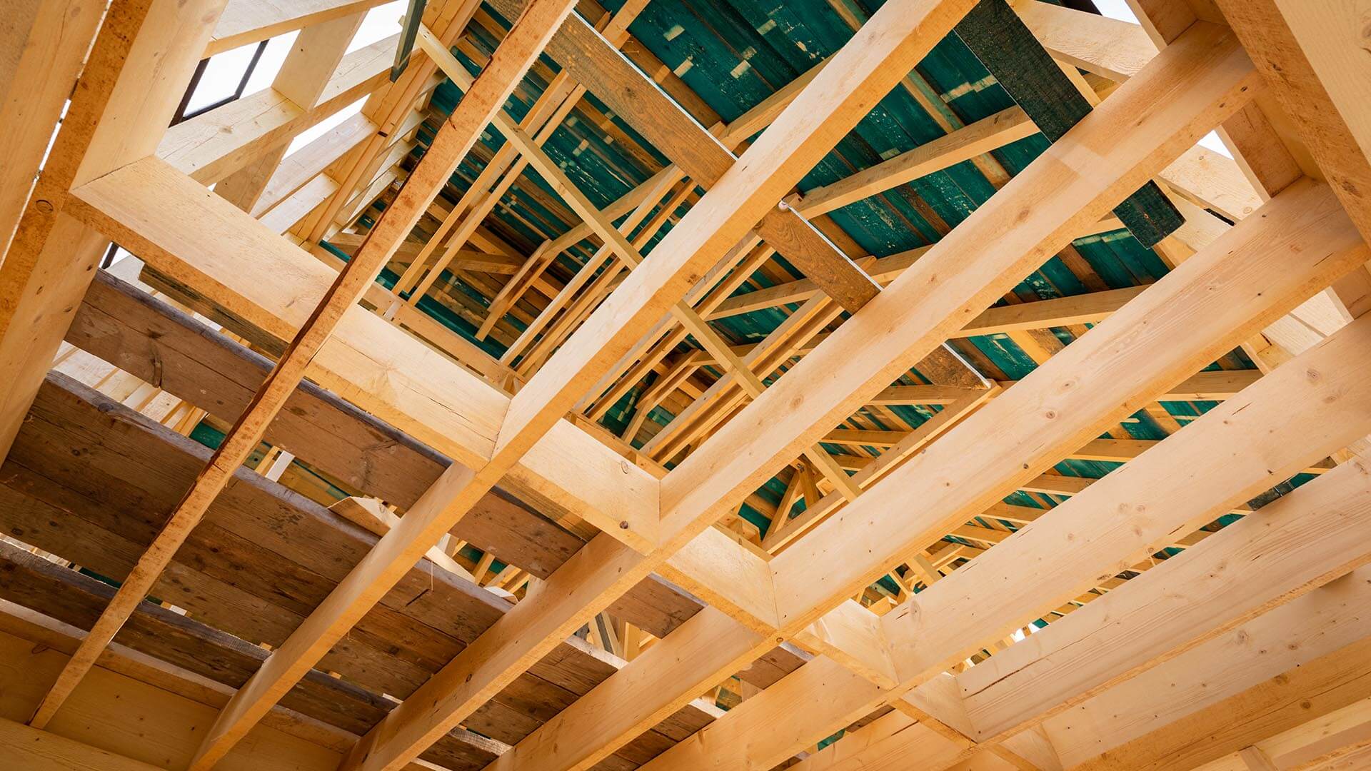 Exposed wooden roof trusses and structural support beams beneath roof decking during residential construction.